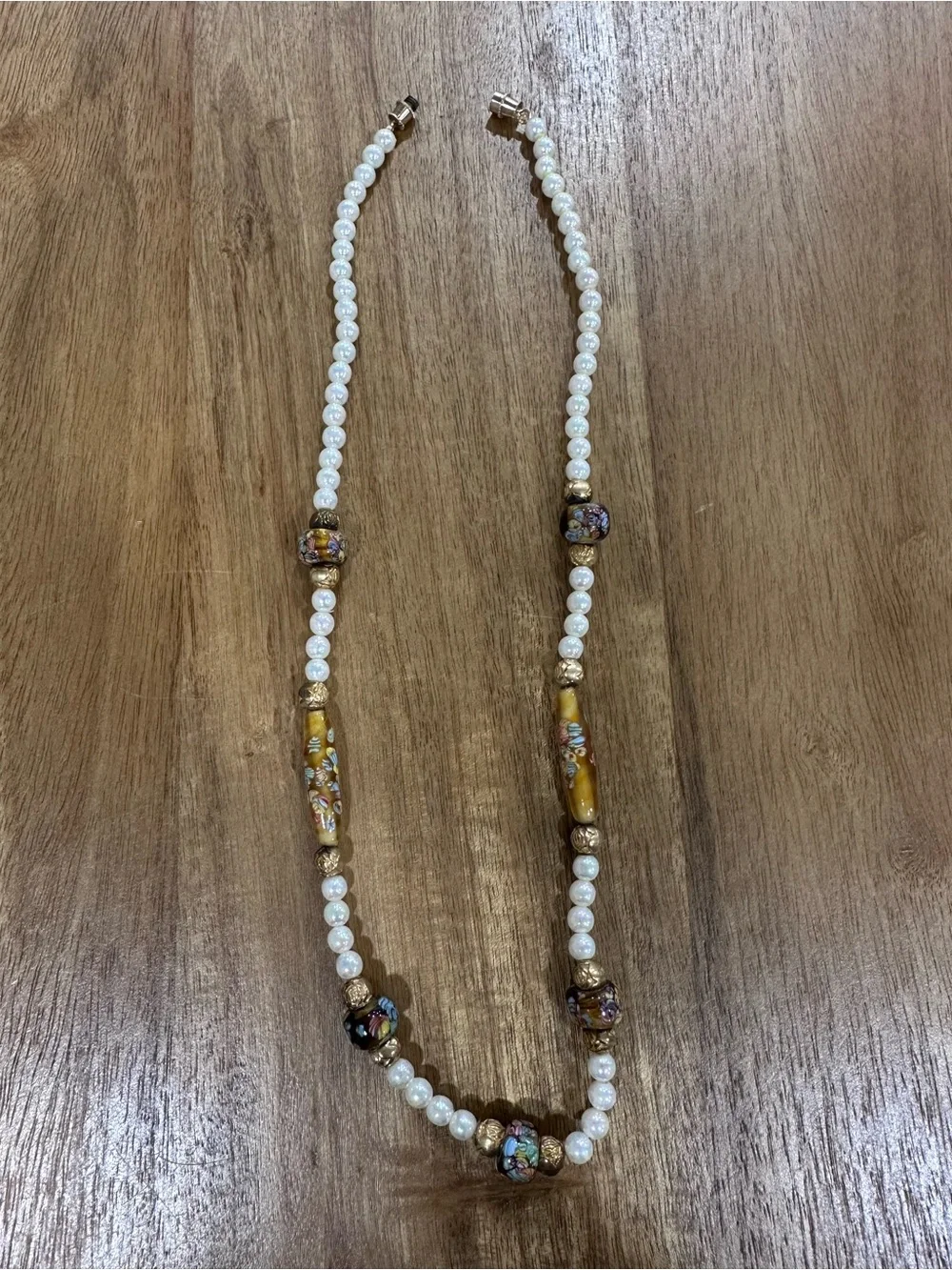 Vintage Venetian Style Millefiori Art Glass Faux Pearl Necklace 19” Gold Tone